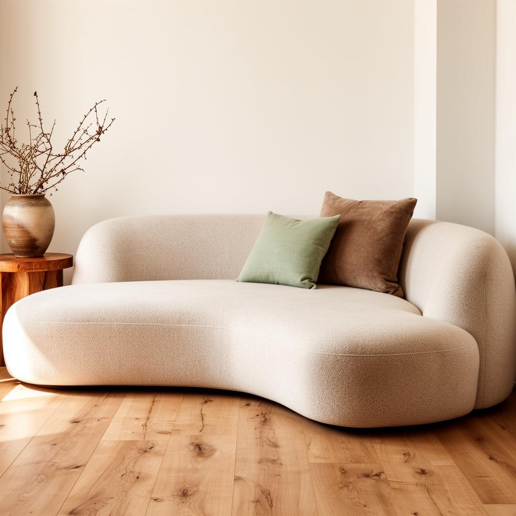 Curved bouclé sofa in warm neutral living room