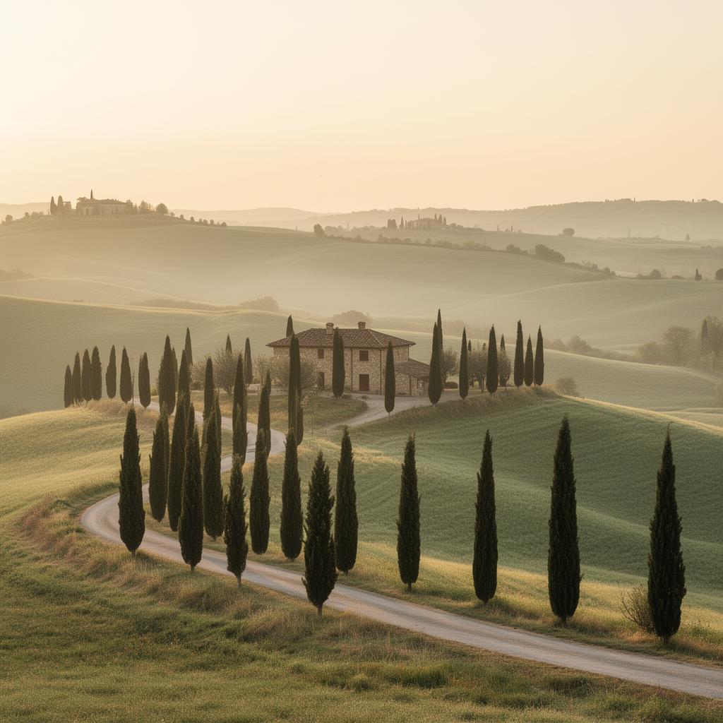 Tuscan countryside at golden hour with cypress-lined road